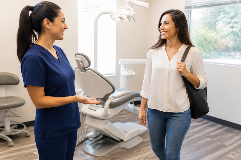 A friendly dental hygienist in scrubs welcoming a relaxed adult patient into a bright, modern dental exam room with comfortable chairs and natural light