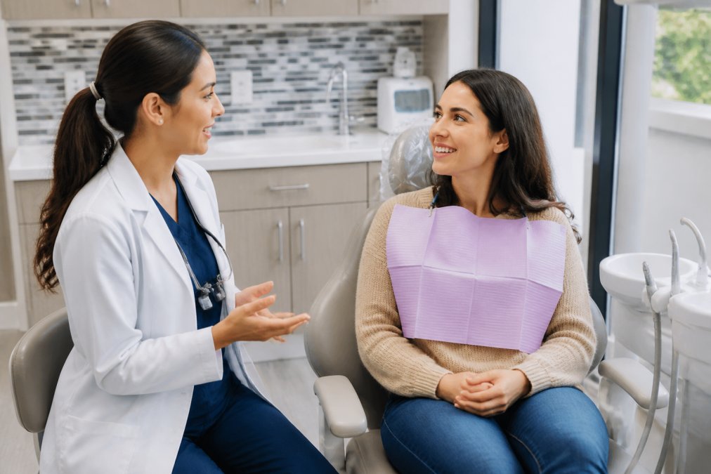 Friendly dentist explaining the process during new patient dental exams in a modern Glendale office