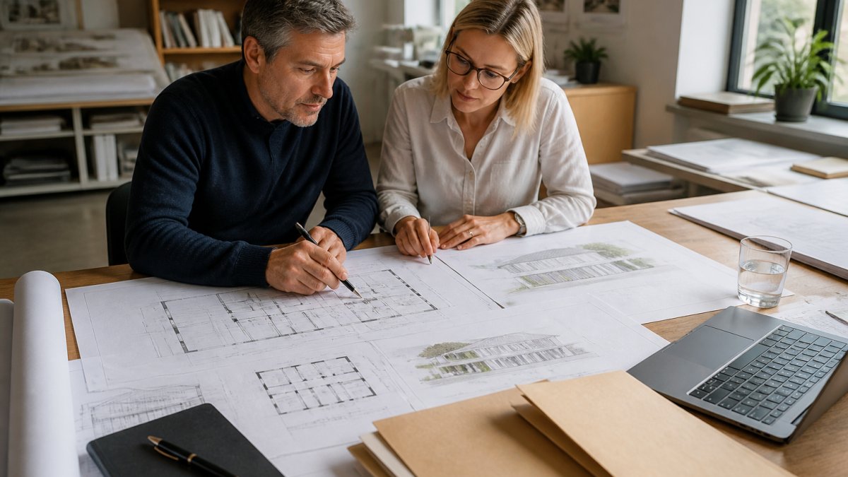 Architect and property owner reviewing detailed planning drawings and architectural plans spread across a desk, with laptop, pen, and building regulations documents in natural office lighting