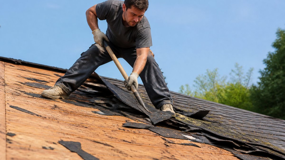 Roofing contractor removing old asphalt shingles from residential roof with pry bar, showing exposed wood decking and blue sky in background
