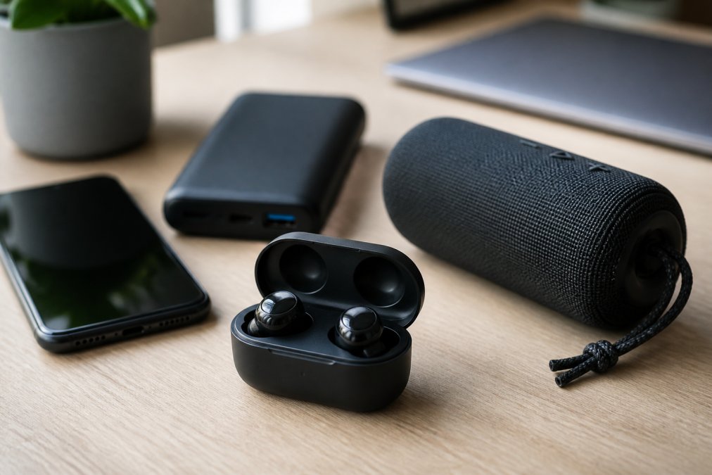 Close-up of wireless earbuds, smartphone accessories, and a portable speaker arranged on a clean desk with natural lighting, showing product details and connectivity features