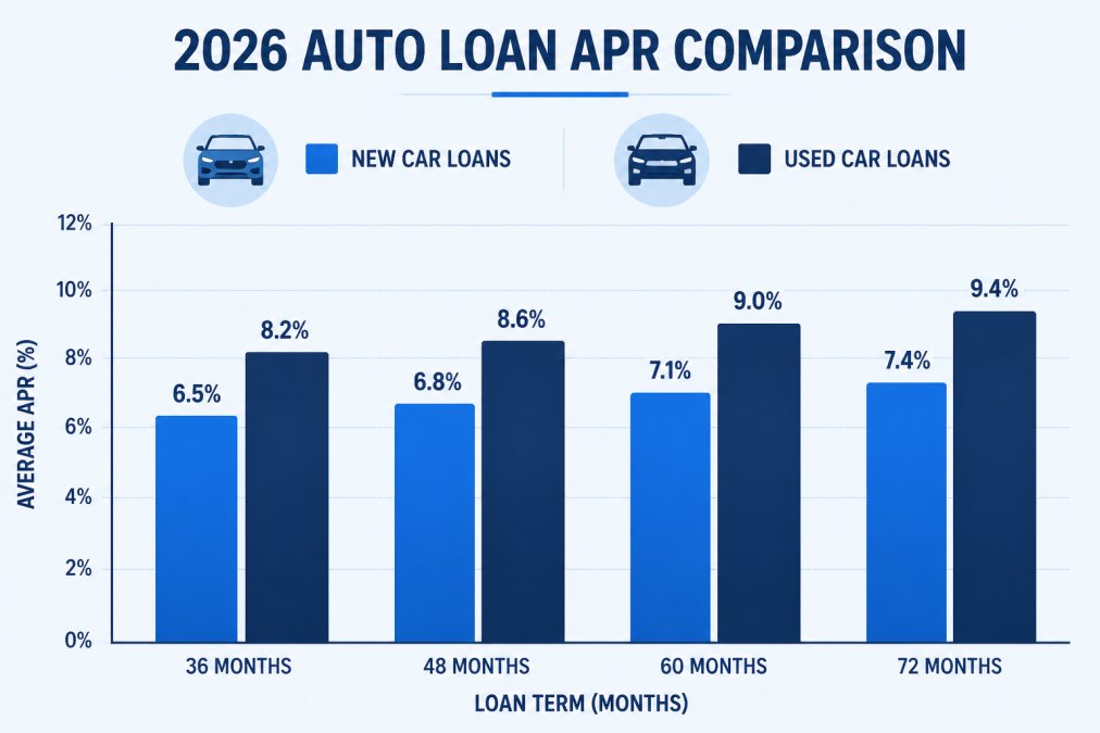 Bar chart comparing average auto loan APRs by term length: new car loans at 6.5% for 36 months, 6.8% for 48 months, 7.1% for 60 months, 7.4% for 72 months versus used car loans at 8.2% for 36 months, 8.6% for 48 months, 9.0% for 60 months, 9.4% for 72 months