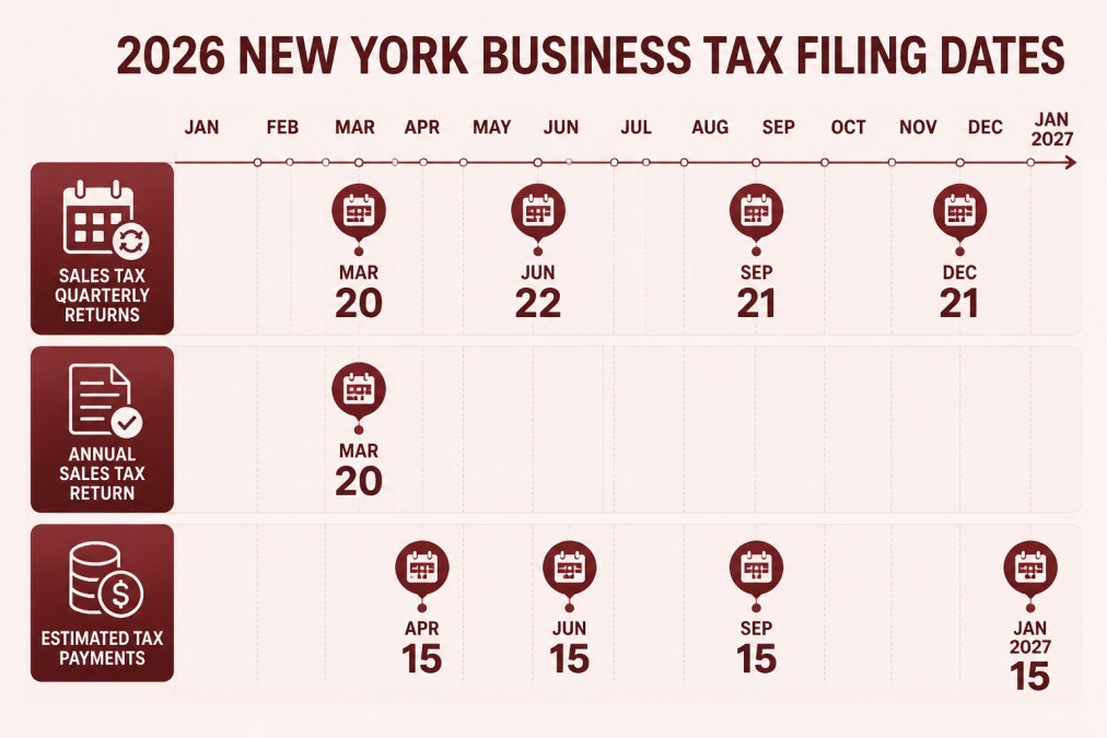 Timeline of key 2026 New York business tax filing dates: sales tax quarterly returns due March 20, June 22, September 21, and December 21; annual sales tax return due March 20; estimated tax payments due April 15, June 15, September 15, and January 15, 2027