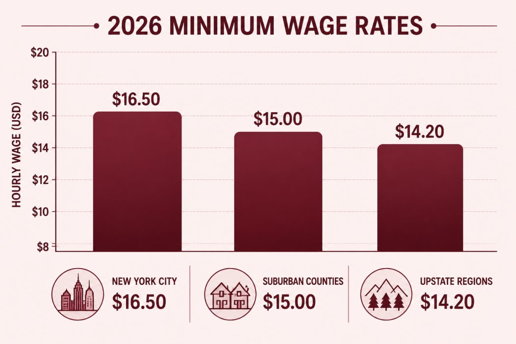 Bar chart comparing 2026 minimum wage rates across New York City, suburban counties, and upstate regions with specific dollar amounts for each tier