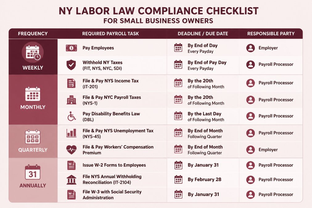 Compliance checklist matrix showing required payroll tasks, deadlines (weekly, monthly, quarterly, annually), and responsible party (employer or payroll processor) with specific dates and action items
