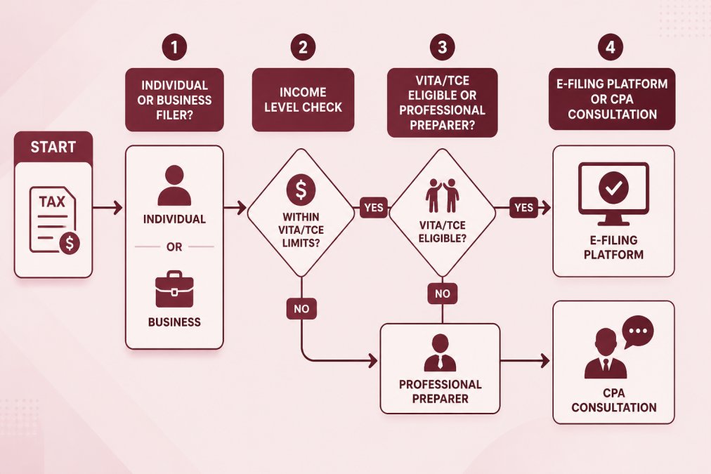 Flowchart showing tax help pathways: Start → Individual or business filer? → Income level check → VITA/TCE eligible or professional preparer? → E-filing platform or CPA consultation