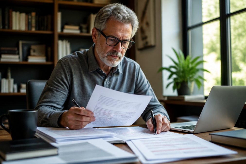 Professional author reviewing publishing contract documents at a desk with laptop, coffee cup, and marked-up manuscript pages, natural office lighting