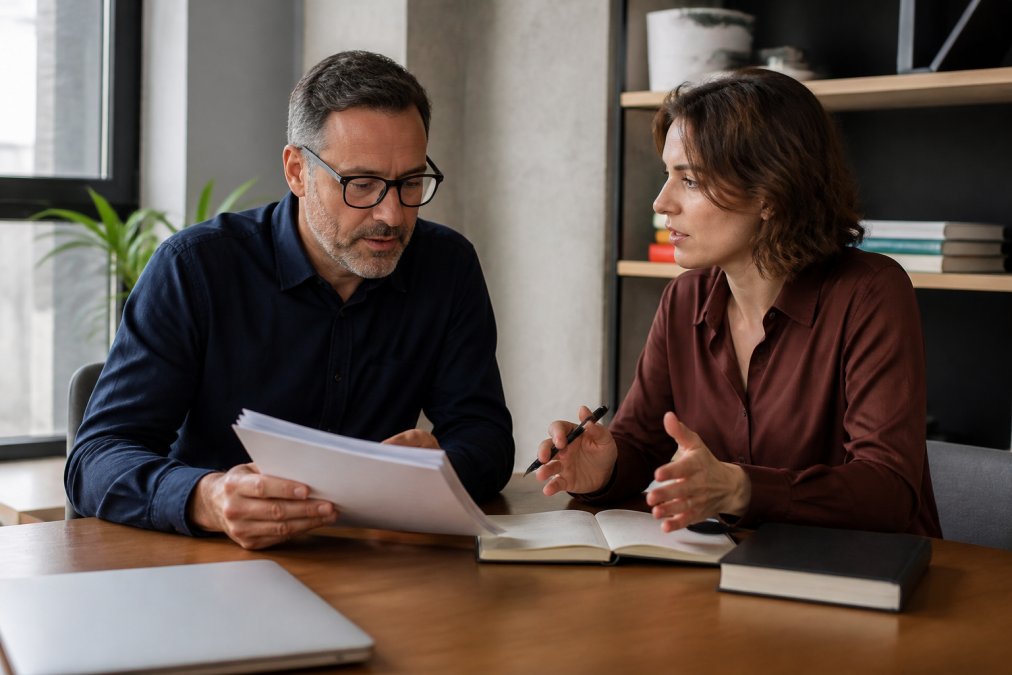 Business professional in office meeting with publishing consultant, reviewing manuscript and discussing book goals, timeline, and publishing strategy with natural window lighting