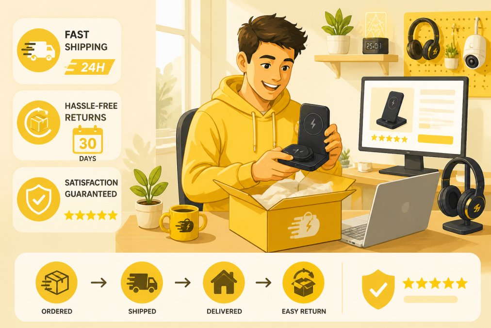 Remote worker at home office desk unpacking a tech accessory delivery, with laptop and monitor visible, natural window lighting, showing satisfaction with the product