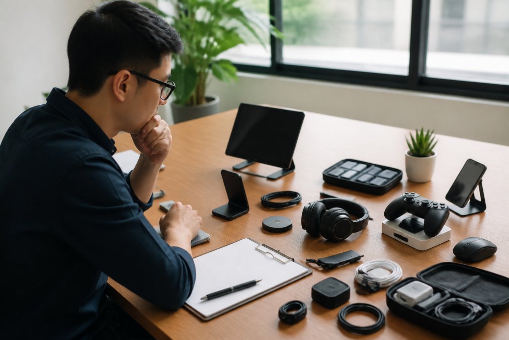 Professional reviewing product details on laptop screen with tech accessories and cables organized on desk, evaluating options, natural office lighting
