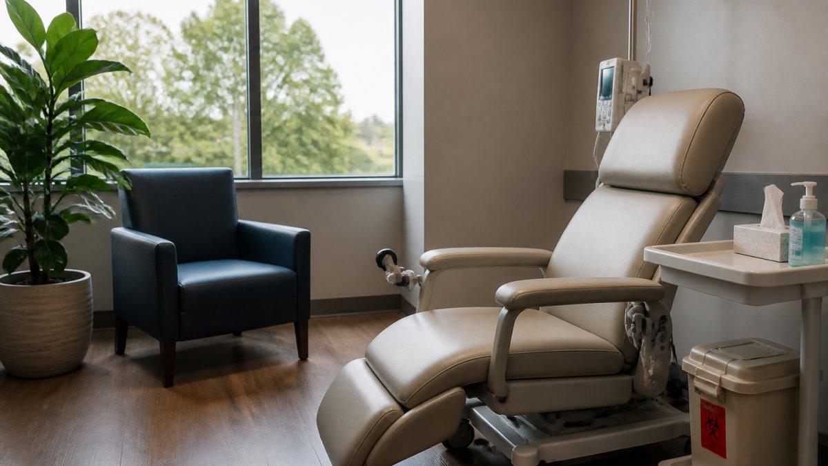A private clinical room with a reclining chair set up for a treatment-resistant depression nasal spray session.