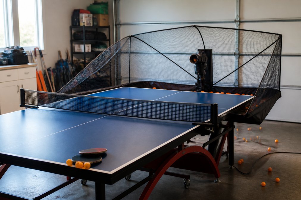 Diagram illustrating how Newgy and Pongbot ball collectors recycle table tennis balls during practice sessions.