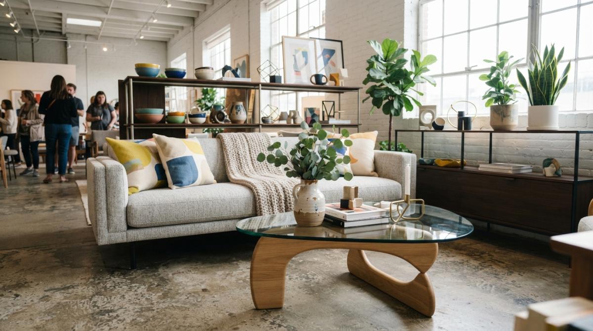 Bright, modern living room with contemporary furniture, minimalist decor, natural light, and curated home styling showcasing clean lines and neutral tones