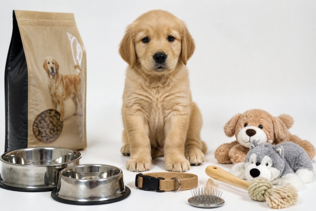 Newborn golden retriever puppy surrounded by essential items including stainless steel food and water bowls, soft training collar, plush toys, grooming brush, and premium puppy food bag on a clean white background