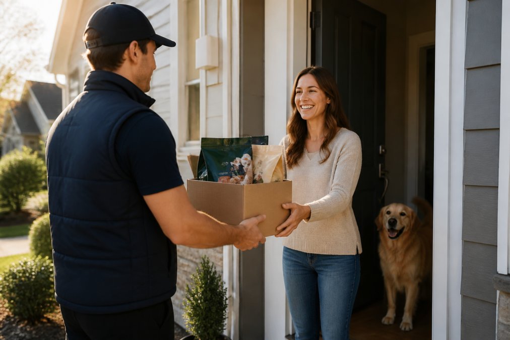 A delivery person in a branded vest handing a brown cardboard box of pet food to a smiling woman at a suburban front door, with a golden retriever wagging its tail visible in the doorway behind her, warm afternoon sunlight