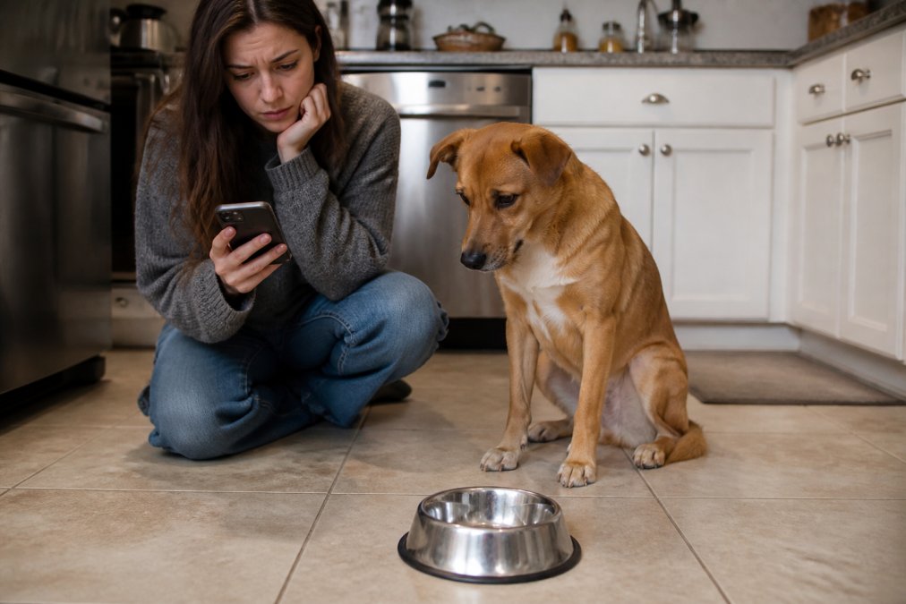 A worried woman in her kitchen holding her smartphone and scrolling, while her medium-sized brown dog sits beside an empty stainless steel food bowl on the tile floor, overhead kitchen lighting