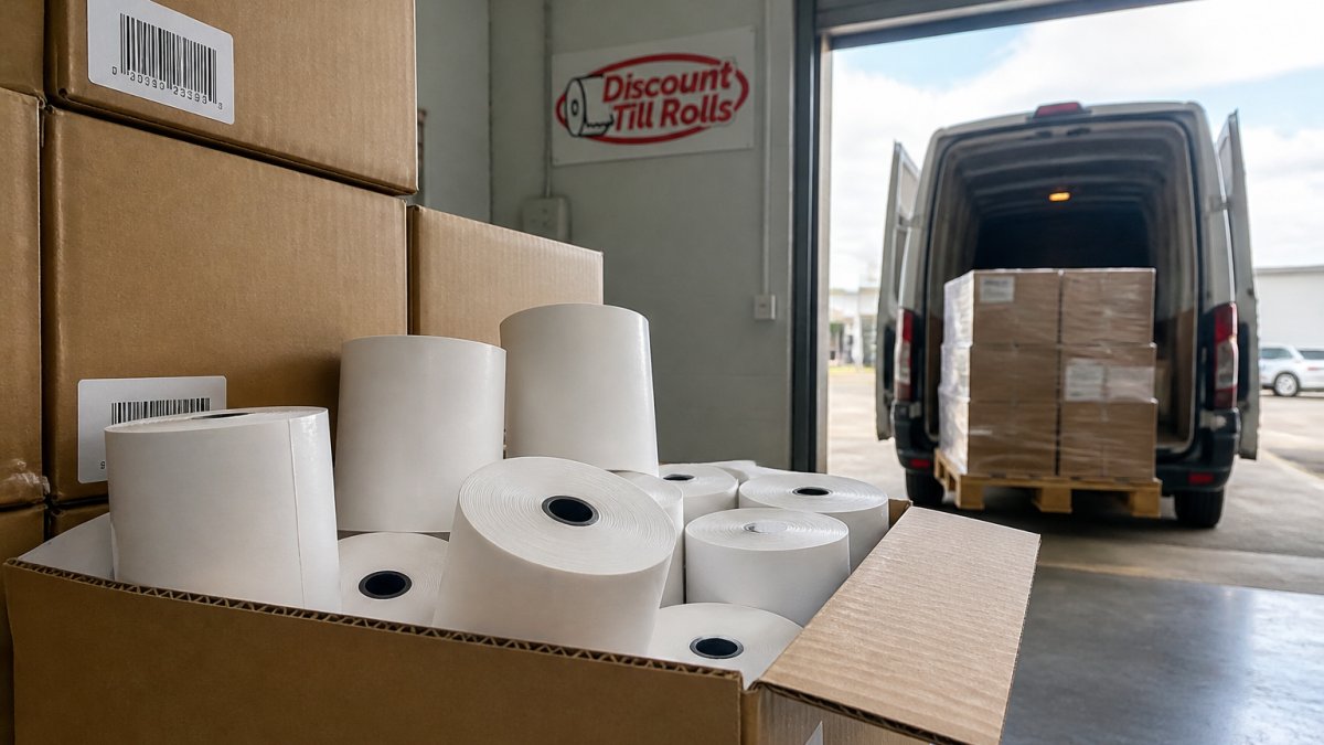 Boxes of thermal till rolls packed for next-day delivery