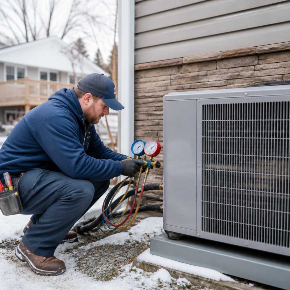 HVAC technician checking a Carrier Infinity 24 heat pump as a next level heating alternative in cold weather