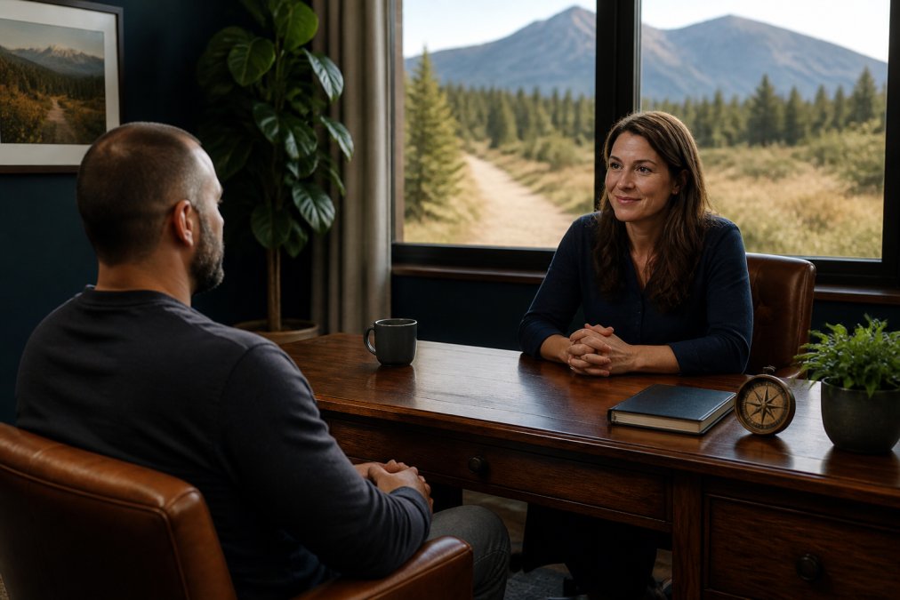 A calm, supportive telehealth session with a coach and a veteran seen from behind, each in their own home office, with a laptop on the desk between them, soft natural light in both rooms