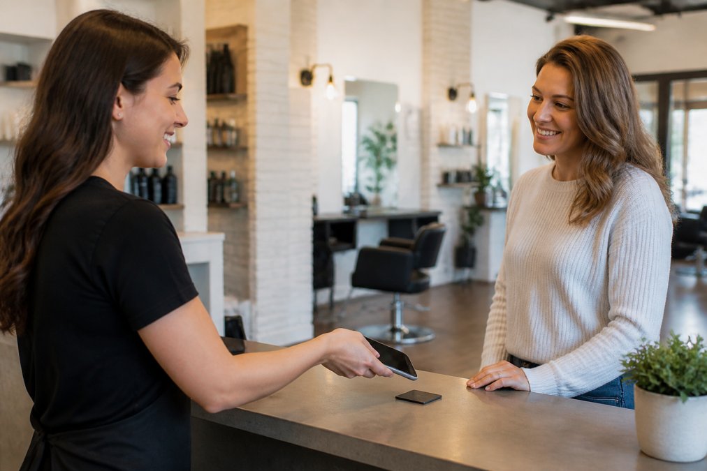 Business owner holding a smartphone to an NFC review card at a salon checkout counter for a smiling customer