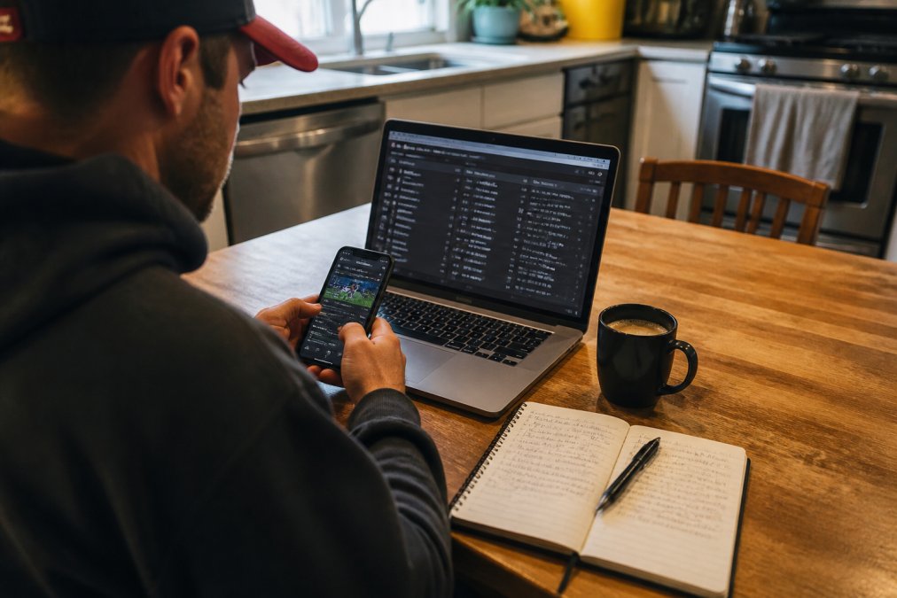 Process flow for analyzing NFL betting metrics using a laptop, sports betting app, and handwritten notes.