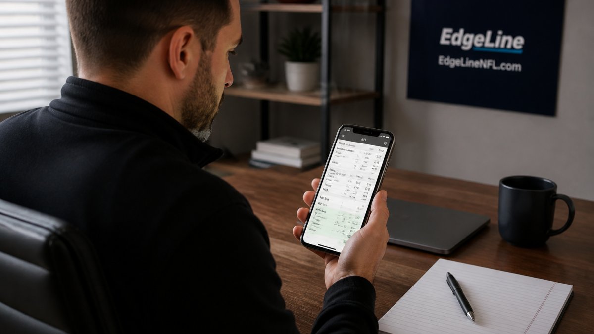 Sports bettor reviewing NFL matchups on mobile device with game lines, point spreads, and betting slips visible on screen, natural office lighting