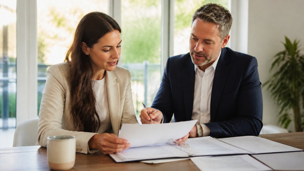 A financial advisor and client reviewing documents together at a desk in a bright office, with notes and a laptop visible