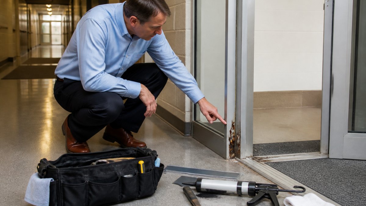 Facility manager inspecting rust damage on a corroded aluminum door frame in a commercial hallway