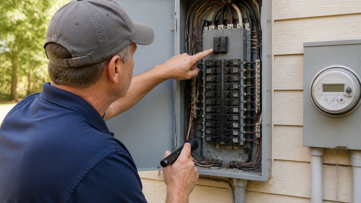 Home inspector examining a circuit breaker panel for the NHIE electrical section exam.