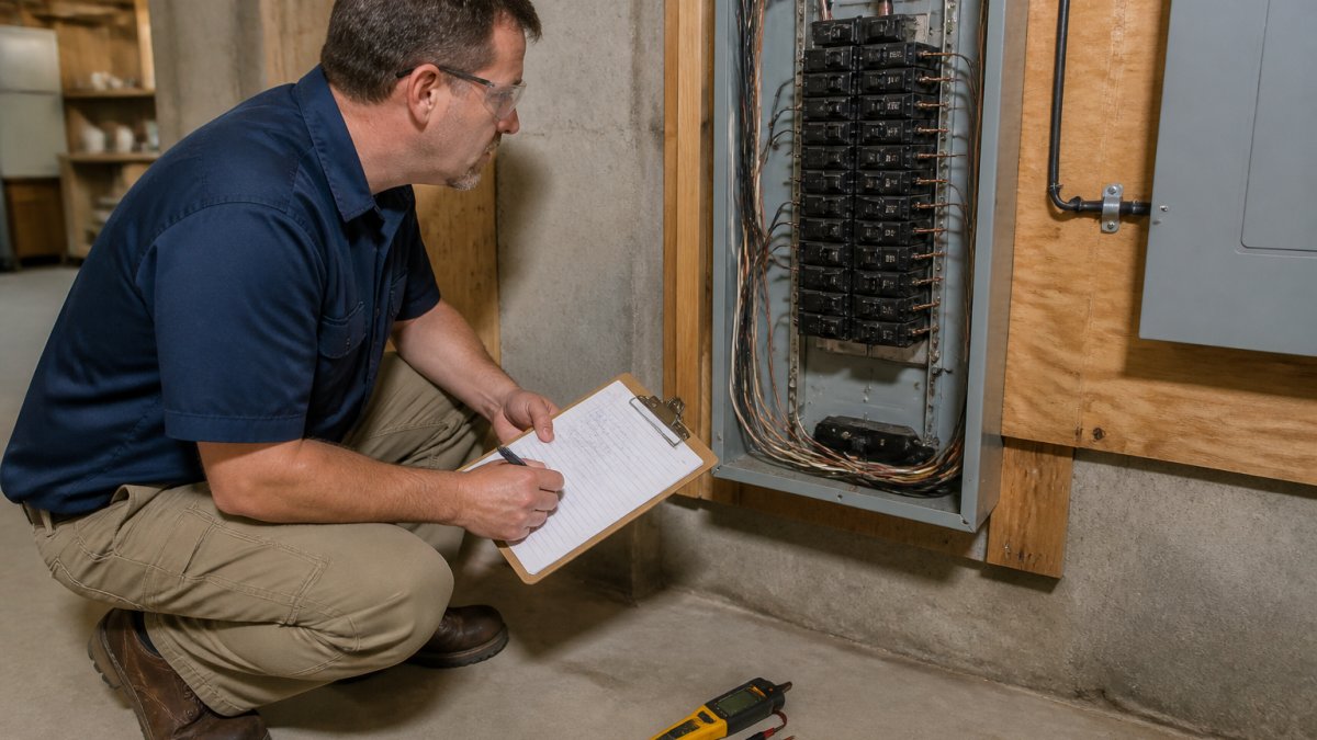 Home inspector examining an electrical panel while studying for nhie exam practice questions 2026