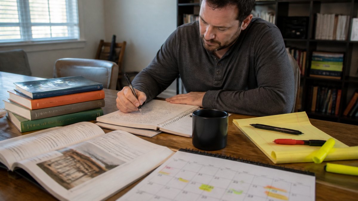 Adult learner studying at desk with calendar, notebook, and laptop displaying practice exam progress tracking and NHIE study materials