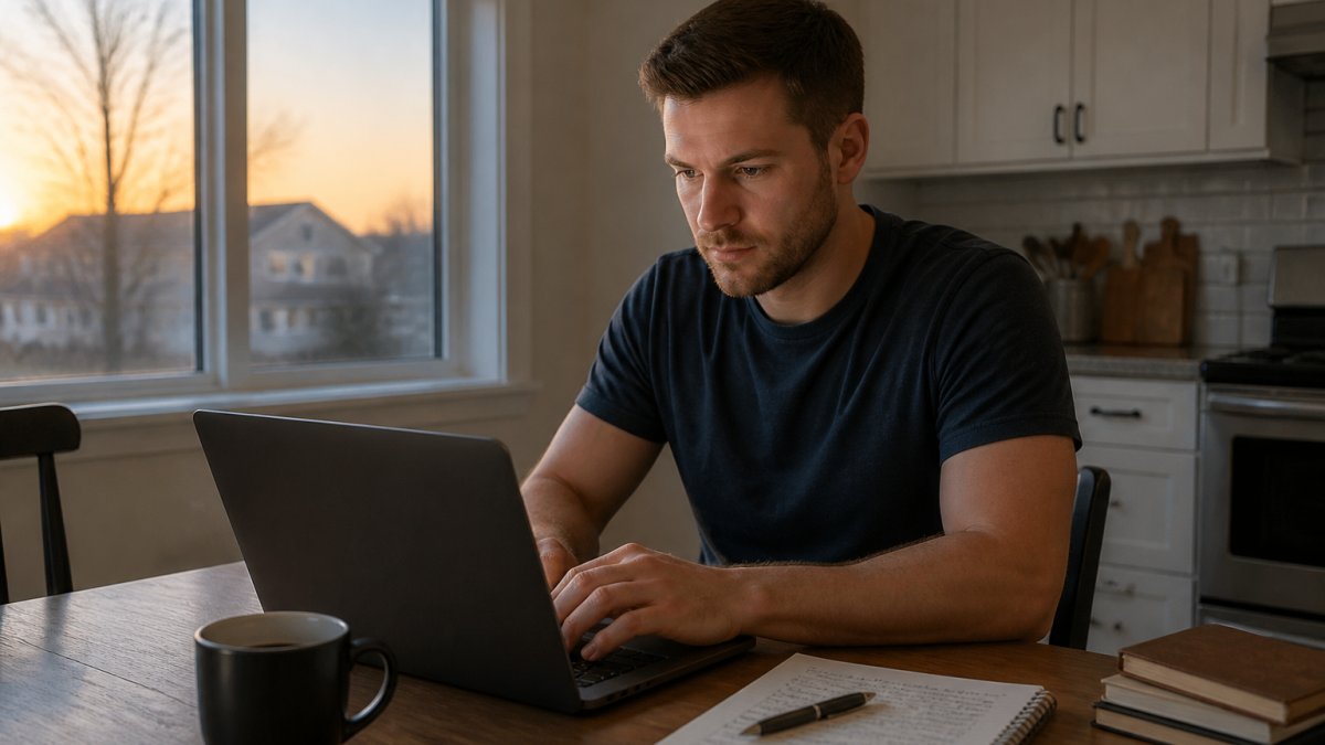 Professional studying on laptop at kitchen table during early morning with coffee and handwritten notes nearby, natural window lighting showing dawn hours