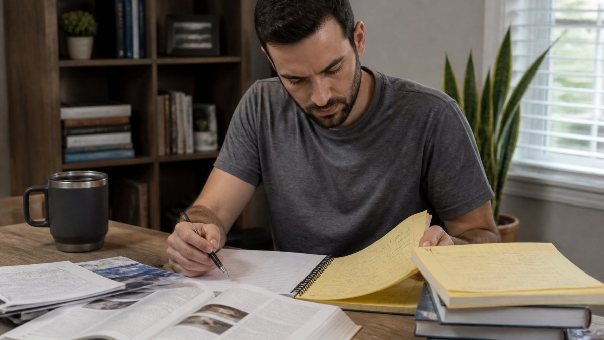 Home inspector student reviewing study materials and notes at a desk with a laptop and notebook, focused and preparing for exam retake