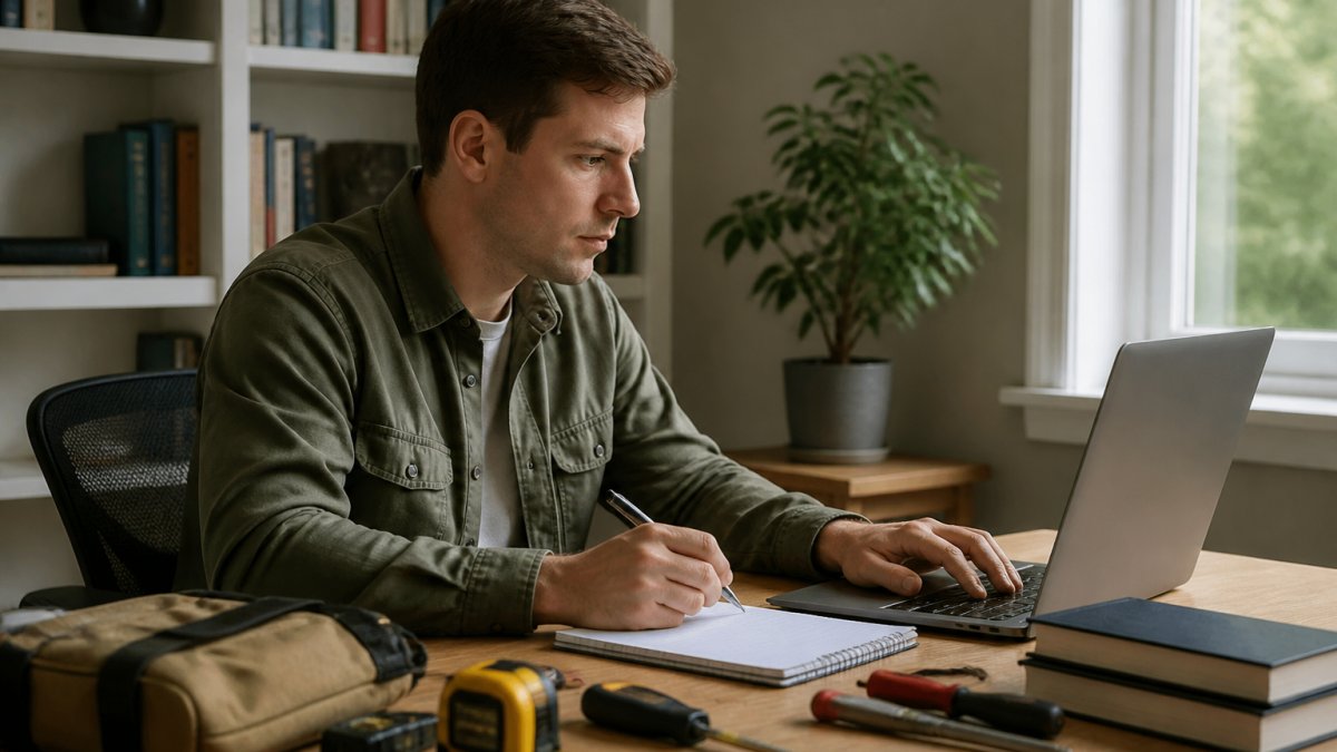 Home inspector student taking a practice exam on a computer in a quiet study space, focused and confident, with natural lighting from a nearby window