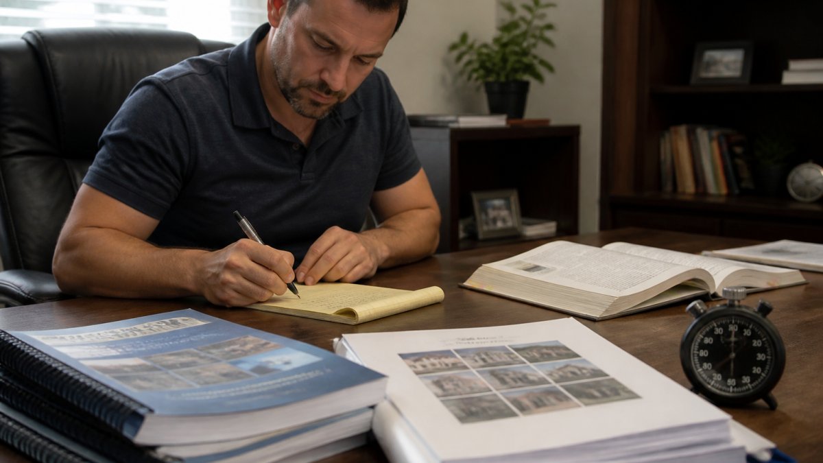 Adult learner studying at desk with practice test materials, notes, and NHIE study guides visible, looking focused and confident in natural office lighting
