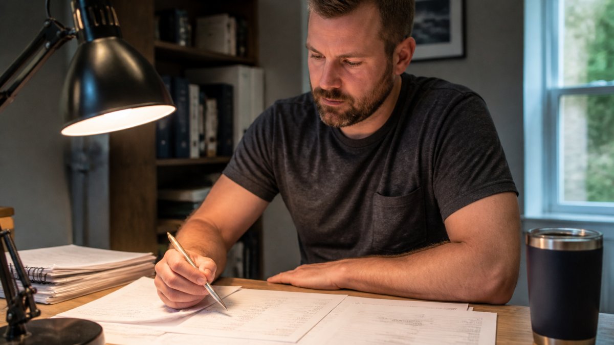 Home inspector candidate reviewing NHIE practice test accuracy at a desk