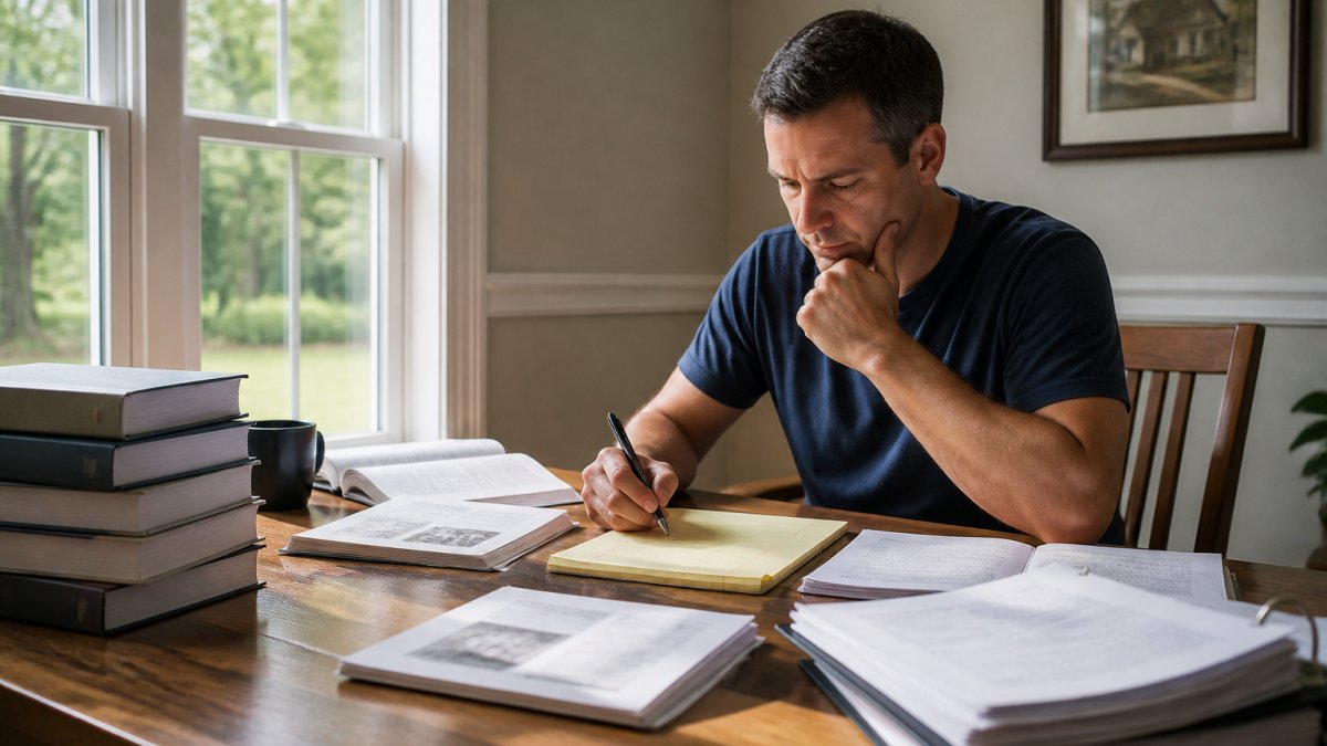 Home inspector candidate calmly studying exam materials for NHIE test prep for repeat failures at a desk.
