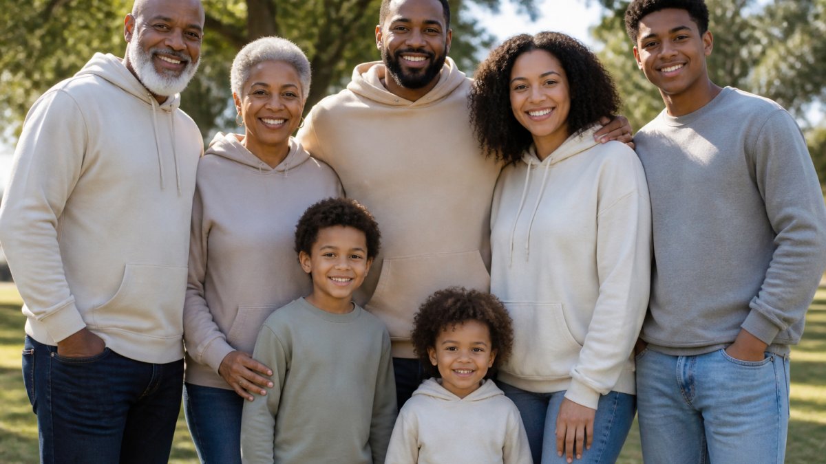 Multi-generational family wearing coordinated faith-themed hoodies and sweatshirts while standing together outdoors.
