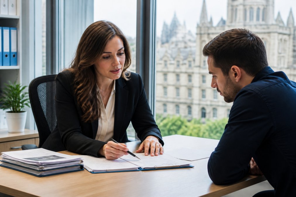 Professional solicitor meeting with client in modern law office, reviewing medical documents and claim forms on desk with natural window lighting