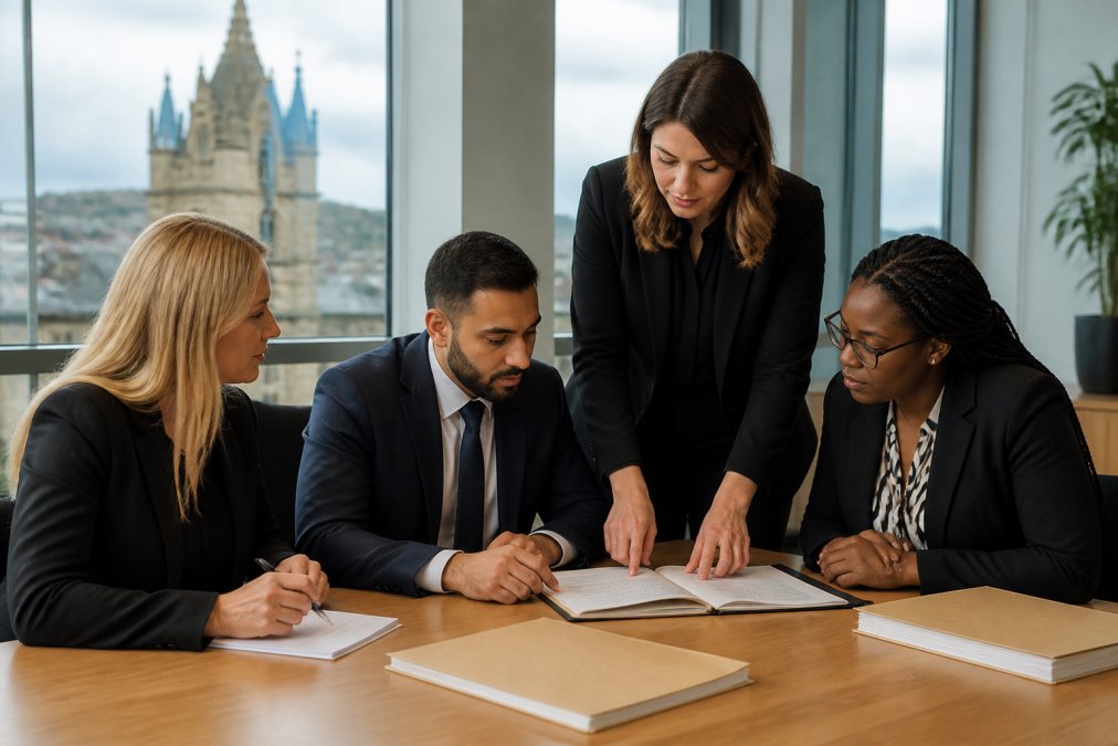 Diverse professional legal team in modern Glasgow office environment, collaborating on case files at conference table with contemporary design