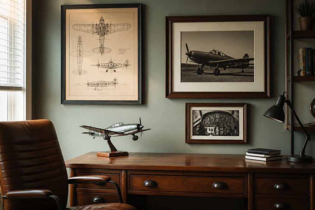 A bright, curated home office wall featuring a framed vintage aircraft blueprint print and a small model plane on a wooden desk beside a leather chair