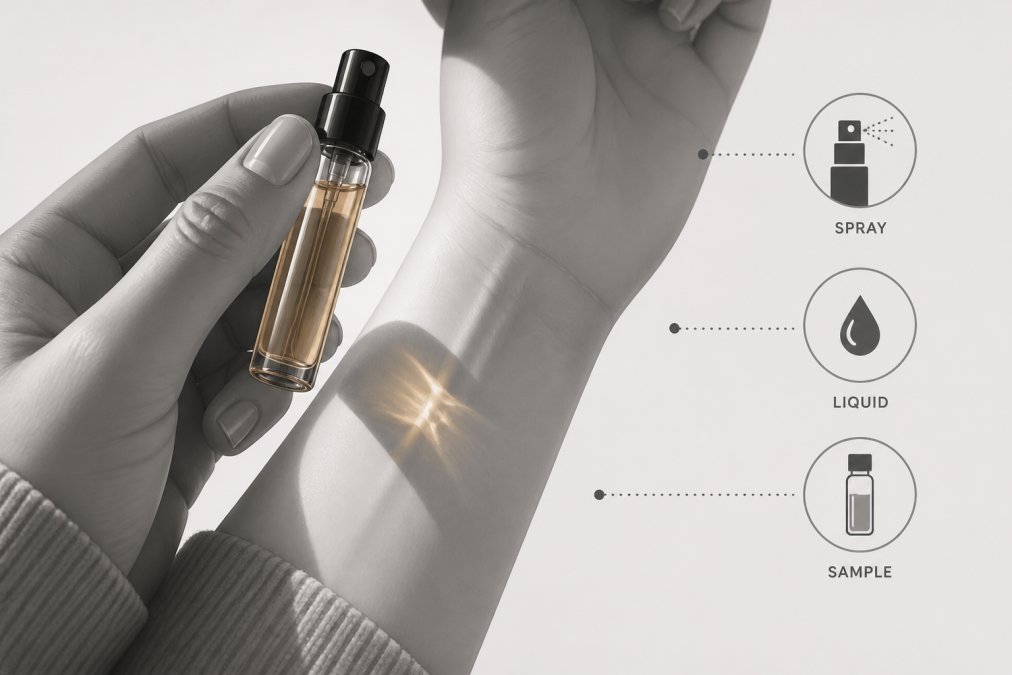 Close-up of someone's wrist displaying a niche fragrance sample vial held up to natural sunlight, showing the amber liquid inside the small glass bottle with a spray atomizer