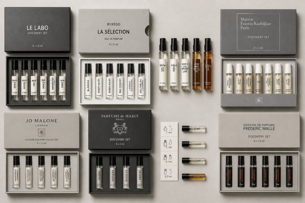 Flat lay arrangement of multiple niche fragrance sample vials and discovery set boxes displayed on a neutral beige surface, showing varied amber glass bottles, spray atomizers, and branded packaging from different houses