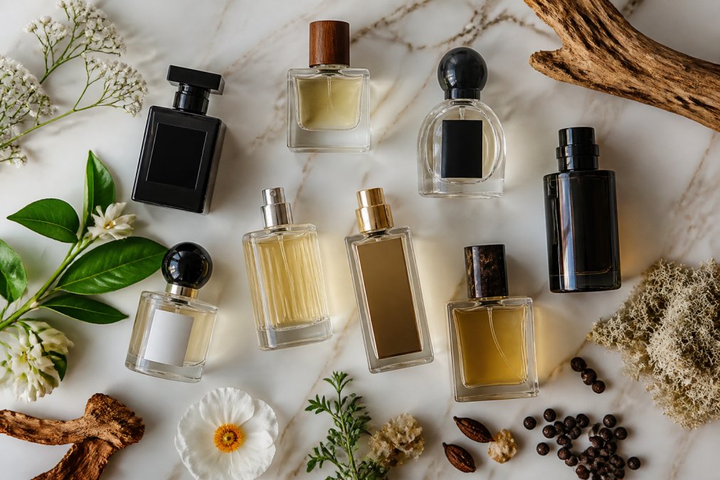 Overhead flat lay of luxury fragrance bottles from different niche houses arranged on a marble surface with fresh botanicals, wooden accents, and soft natural lighting
