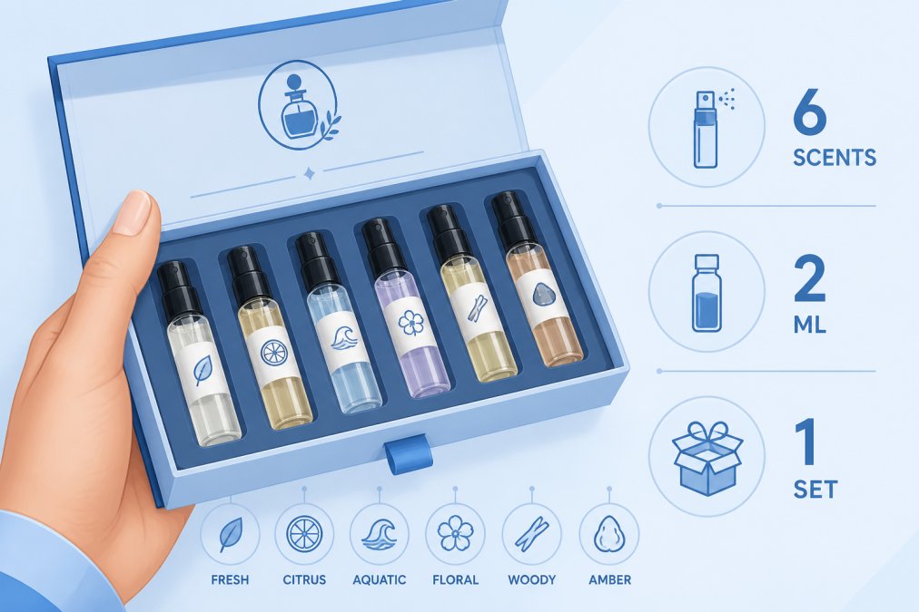 Close-up of a hand holding a discovery set with multiple small fragrance vials, showing the variety of scent options and premium packaging