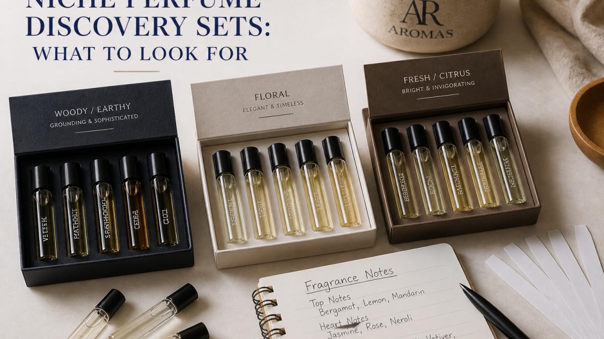 Flat-lay diagram of fragrance discovery sets with sample vials organized by scent family and a notes checklist