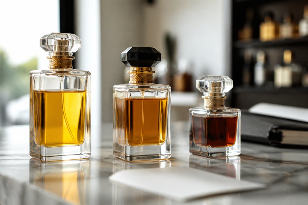 Close-up of luxury fragrance bottles displaying different liquid densities and colors, arranged on a marble surface with soft natural light illuminating the variations in concentration from eau de toilette through eau de parfum to extrait