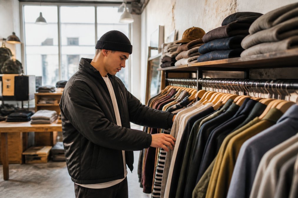 Persoon die kleding uitkiest in een boutique streetwear winkel, aandachtig verschillende stijlen en texturen onderzoekend, doordacht stukken selecterend met natuurlijke winkelverlichting