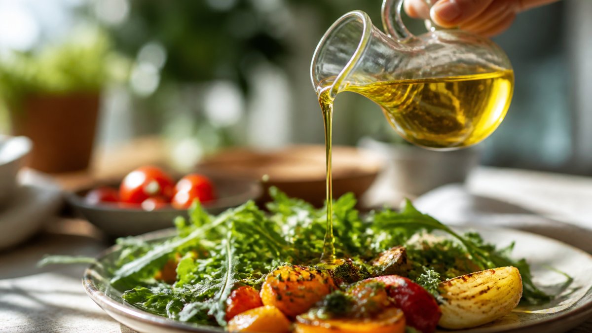 Close-up of extra virgin olive oil being drizzled over fresh salad greens and roasted vegetables in natural daylight, with oil catching the light as it falls onto the plate