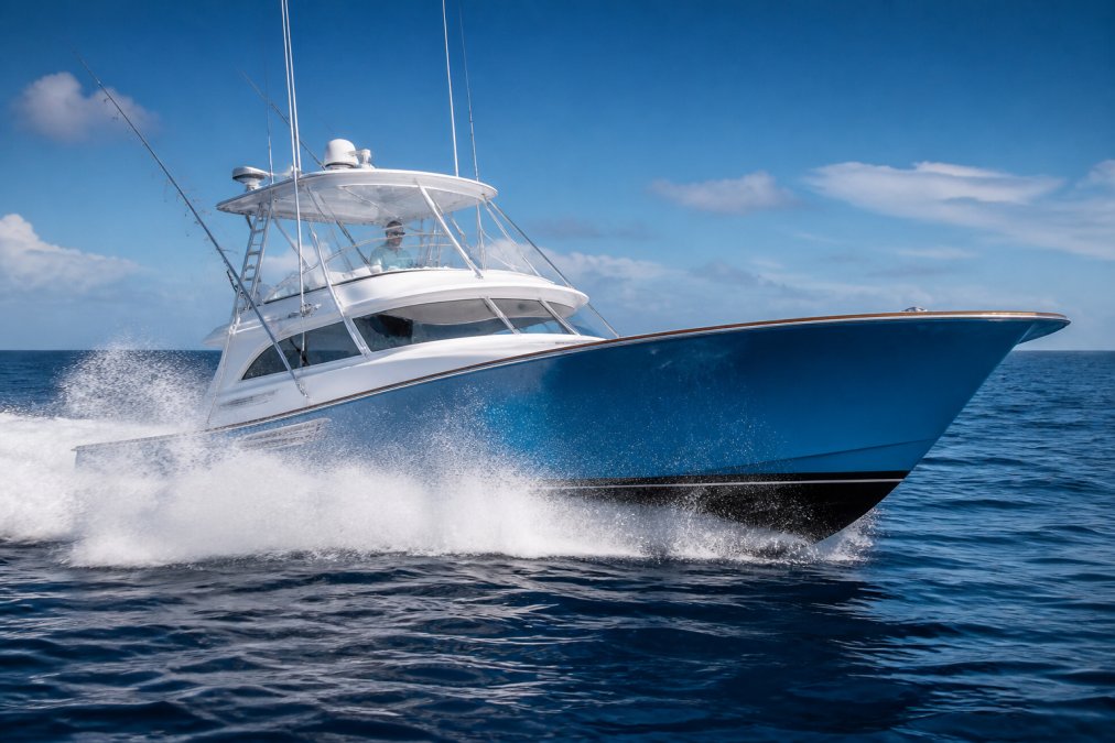 Sleek Viking sportfishing yacht cutting through blue ocean waters with dynamic wake spray, professional captain visible at helm through windscreen on sunny day